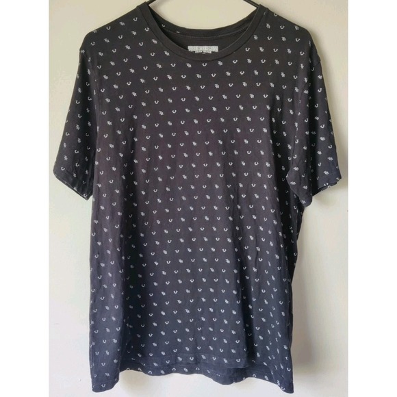 True Religion Mens T Shirt Top Logo Allover Monogram Crew Neck Black Cotton Sz M - Picture 1 of 6